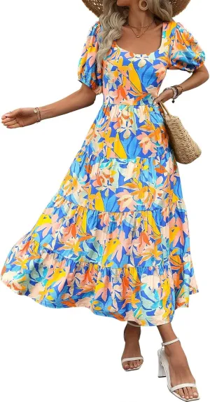 Floral Dress for Women Summer Puff Short Sleeve Square Neck Maxi Dress Casual Ruffle High Waist Dresses 2025