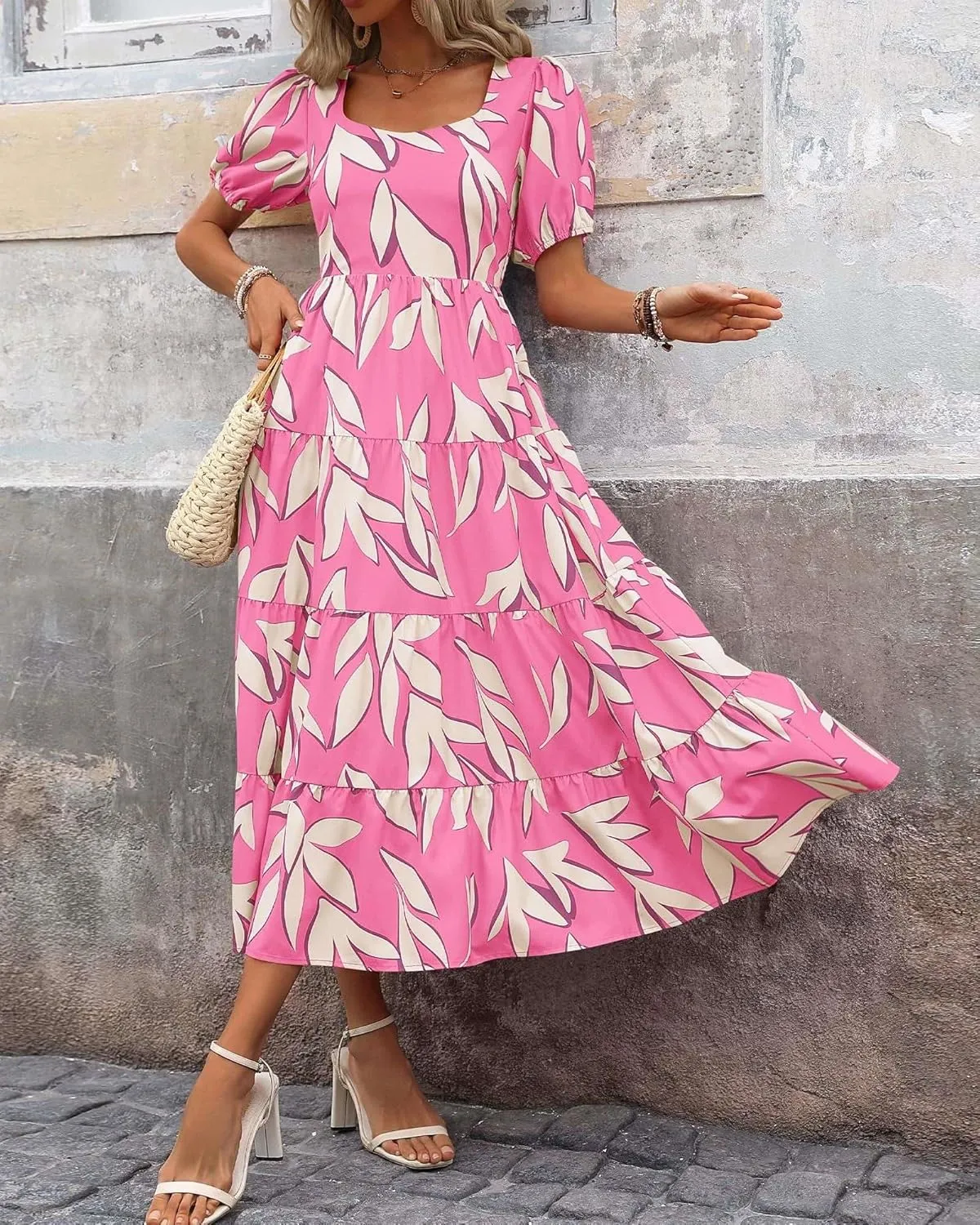 Floral Dress for Women Summer Puff Short Sleeve Square Neck Maxi Dress Casual Ruffle High Waist Dresses 2025