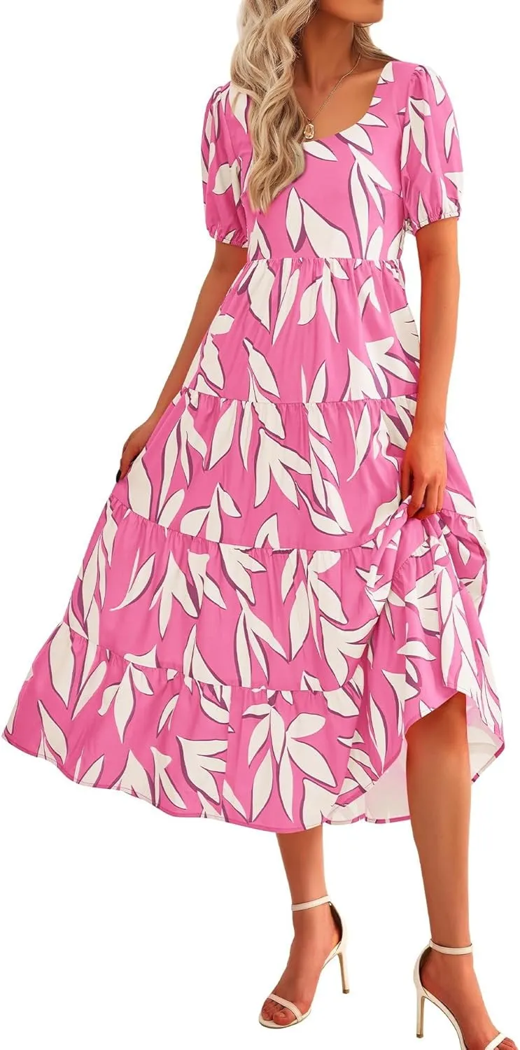 Floral Dress for Women Summer Puff Short Sleeve Square Neck Maxi Dress Casual Ruffle High Waist Dresses 2025