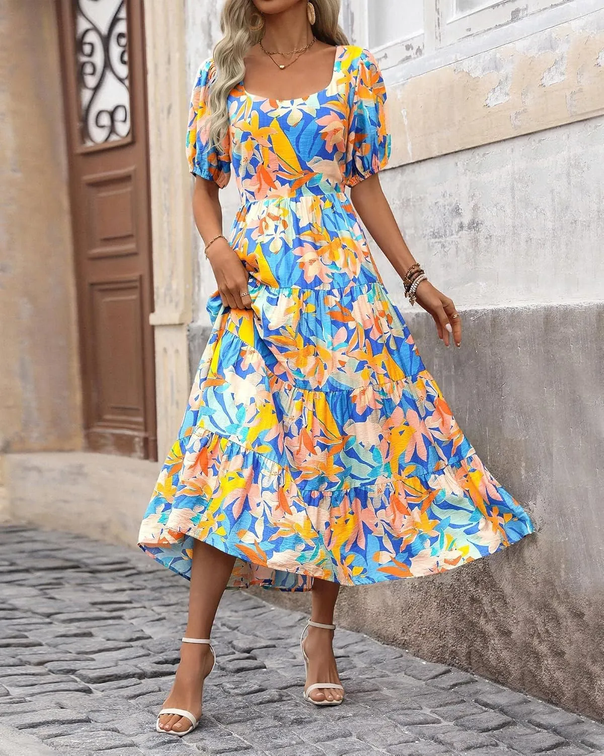 Floral Dress for Women Summer Puff Short Sleeve Square Neck Maxi Dress Casual Ruffle High Waist Dresses 2025