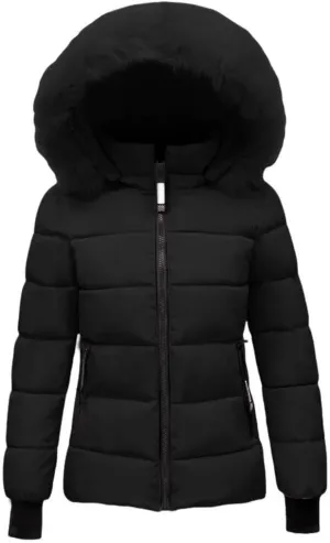 FMCHICO Women's Winter Puffer Coat Thicken Down Jacket Waterproof Faux Fur Detachable Hooded Parka