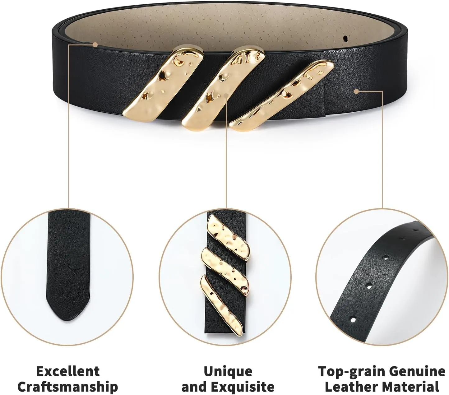 Genuine Leather Belt for Women Black Real Leather With Gold Metal Buckle Luxury Casual Fashion Belts