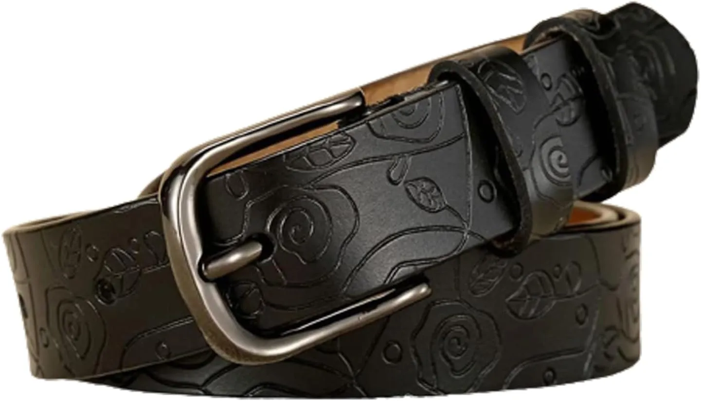Genuine Leather Belt, Metal Pin Buckle Floral Pattern Reversible Belt for Women, Pant Belt, Casual Waistband for Daily Wear