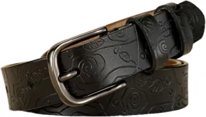 Genuine Leather Belt, Metal Pin Buckle Floral Pattern Reversible Belt for Women, Pant Belt, Casual Waistband for Daily Wear