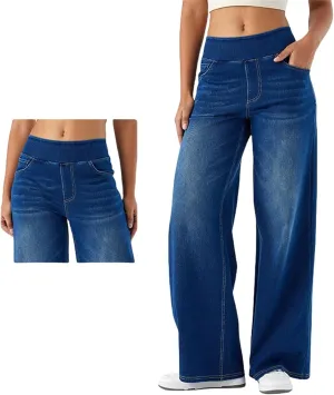 Grevela Pull Up Jeans, Grevela Stretch Jeans, Women's Wide Leg High Waisted Jeans Stretchy Trendy Denim Pants