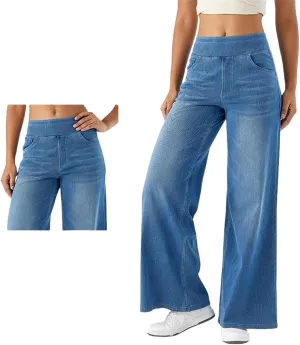 Grevela Pull Up Jeans, Grevela Stretch Jeans, Women's Wide Leg High Waisted Jeans Stretchy Trendy Denim Pants