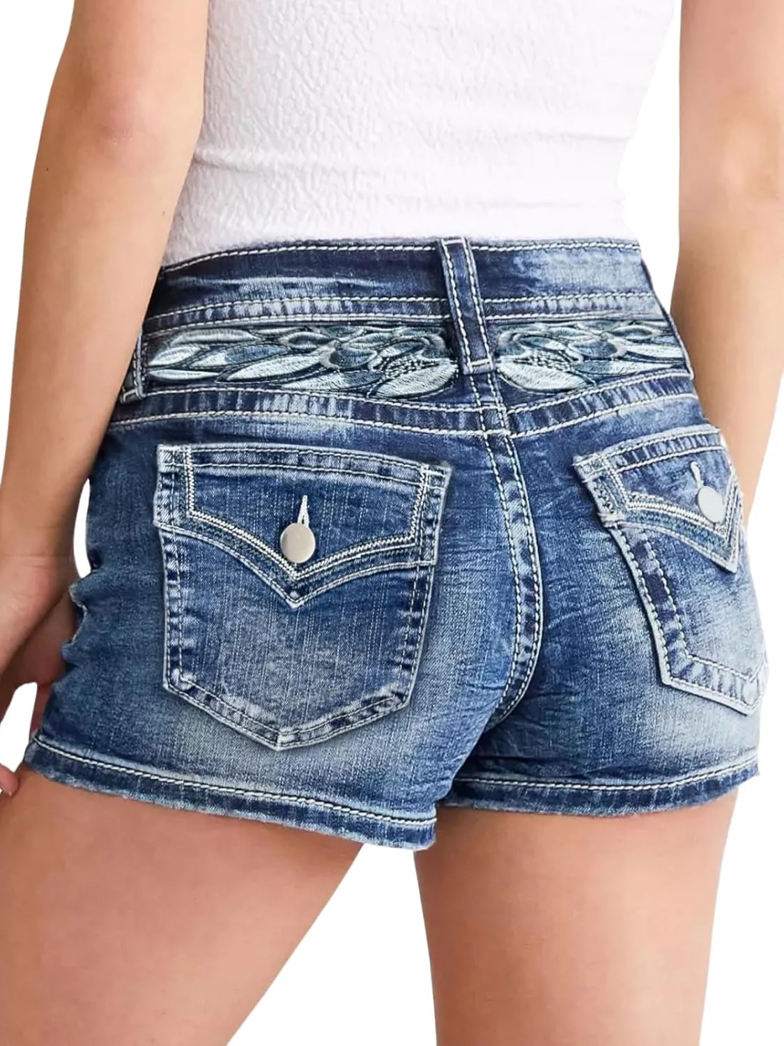 High Waisted Jean Shorts for Women Stretchy Distressed Skinny Denim Shorts Ripped Summer Shorts Embroided Pockets