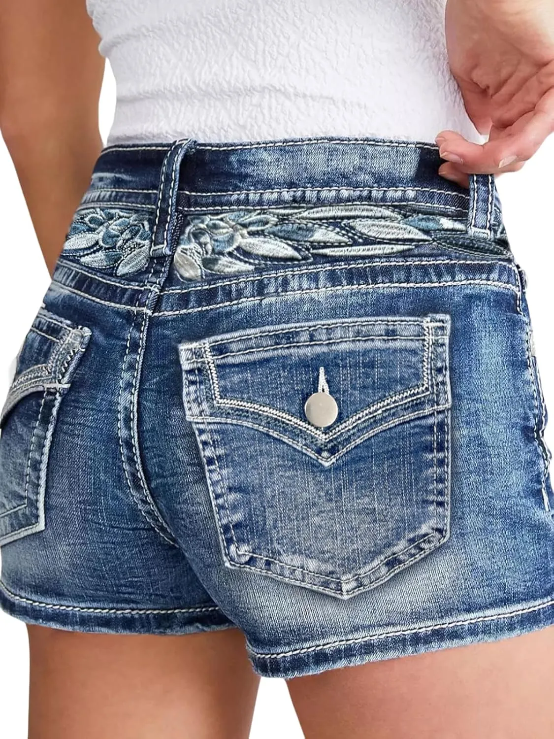 High Waisted Jean Shorts for Women Stretchy Distressed Skinny Denim Shorts Ripped Summer Shorts Embroided Pockets