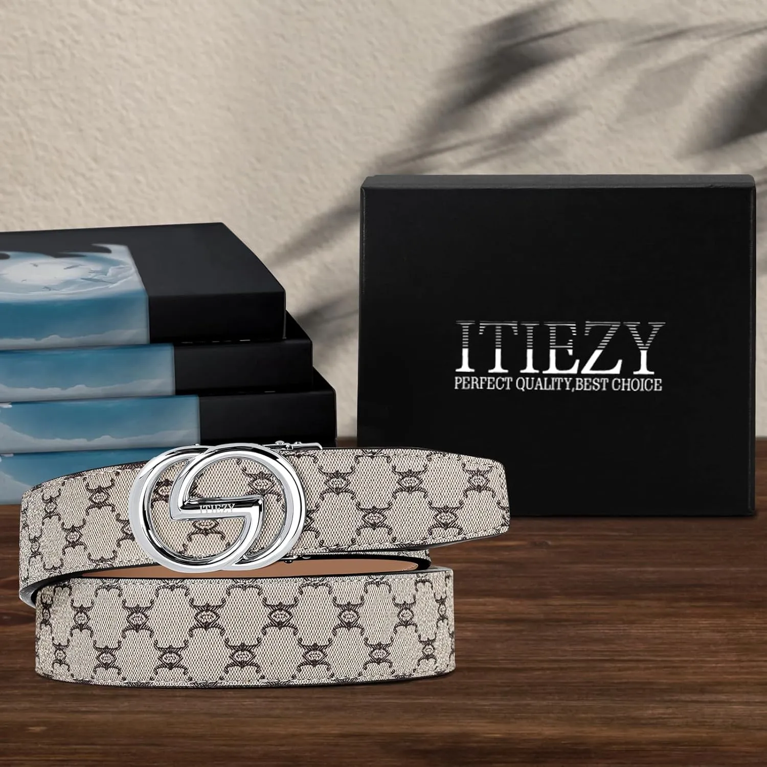 ITIEZY Ratchet Belts for Men - Leather Click Belt for Casual Dress 1 3/8", Mens Adjustable Belt Trim to Fit