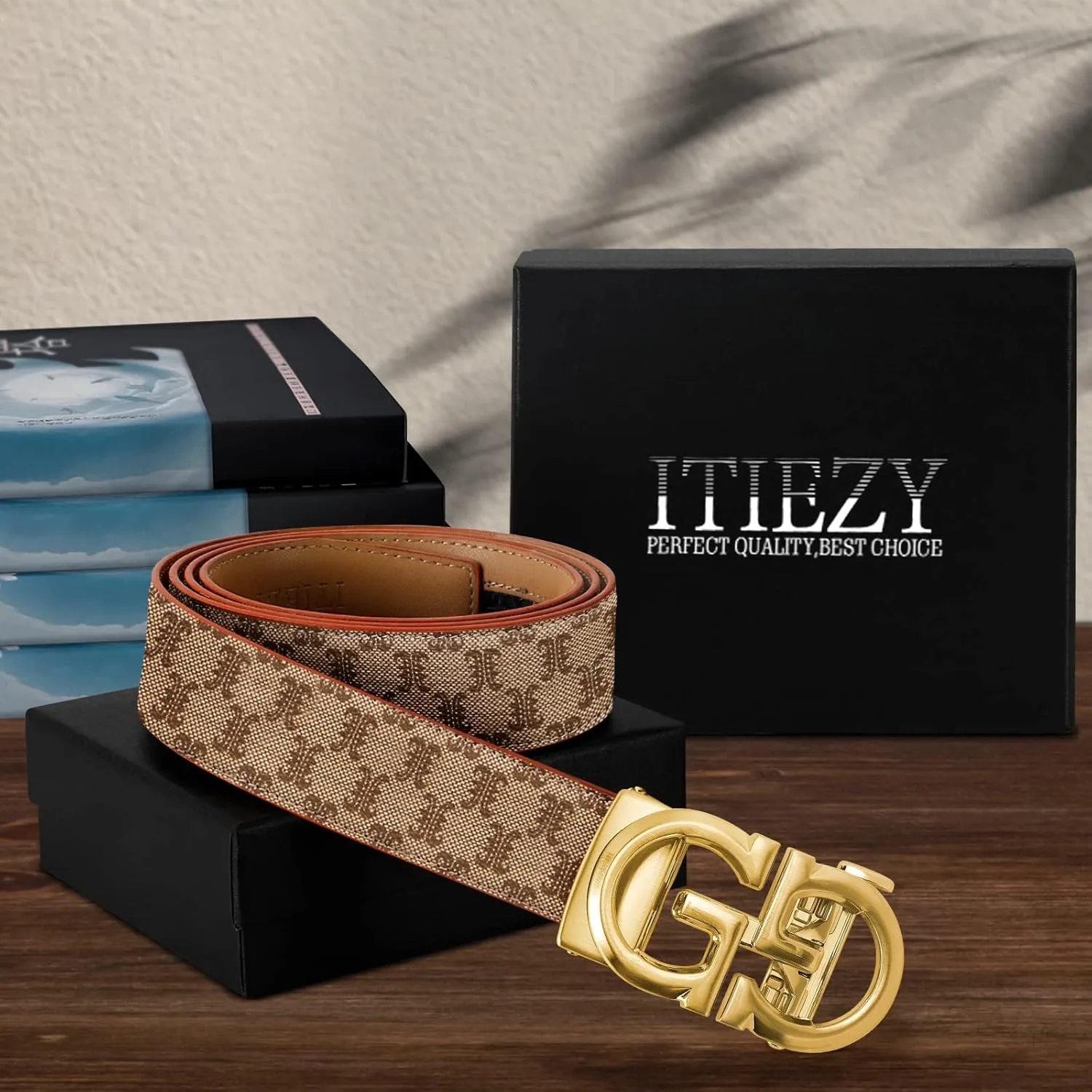 ITIEZY Ratchet Belts for Men - Leather Click Belt for Casual Dress 1 3/8", Mens Adjustable Belt Trim to Fit