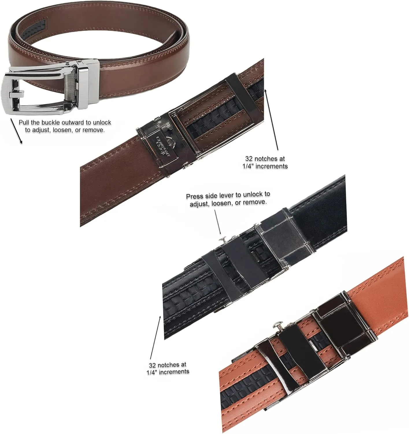 Jacob Alexander 2 Pack or 3 Pack Men's Genuine Leather Adjustable Dress Ratchet Track Belt