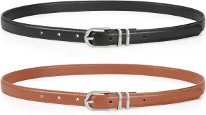 JASGOOD 2 Pack Womens Skinny Leather Belt Ladies Thin Faux Leather Belt with Gold/Silver Buckle for Jeans Dress Pants