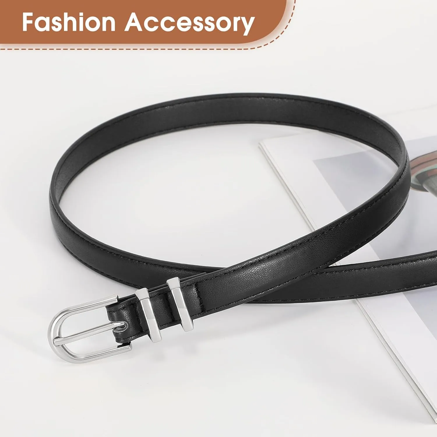 JASGOOD 2 Pack Womens Skinny Leather Belt Ladies Thin Faux Leather Belt with Gold/Silver Buckle for Jeans Dress Pants