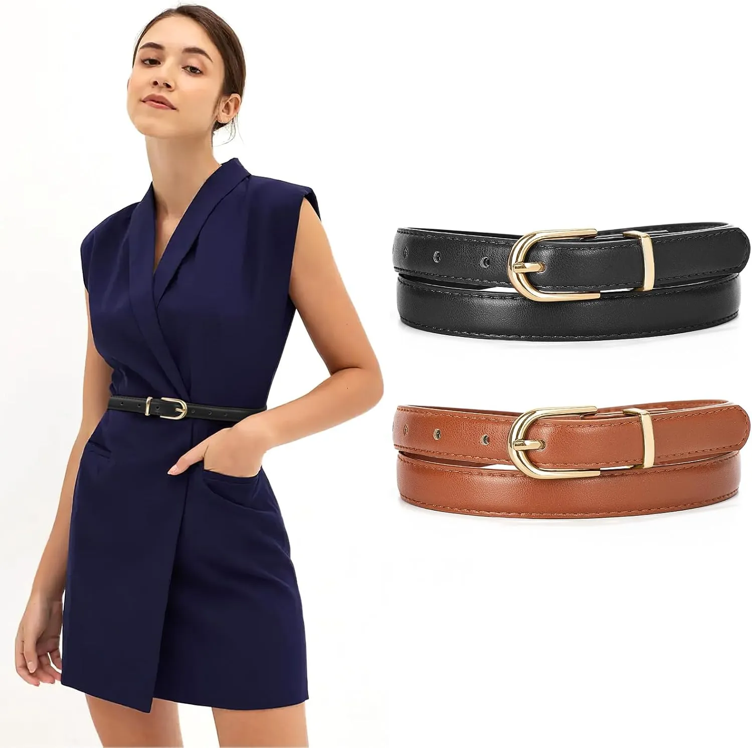 JASGOOD 2 Pack Womens Skinny Leather Belt Ladies Thin Faux Leather Belt with Gold/Silver Buckle for Jeans Dress Pants