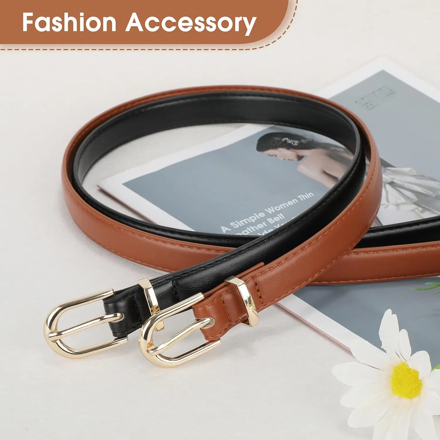 JASGOOD 2 Pack Womens Skinny Leather Belt Ladies Thin Faux Leather Belt with Gold/Silver Buckle for Jeans Dress Pants