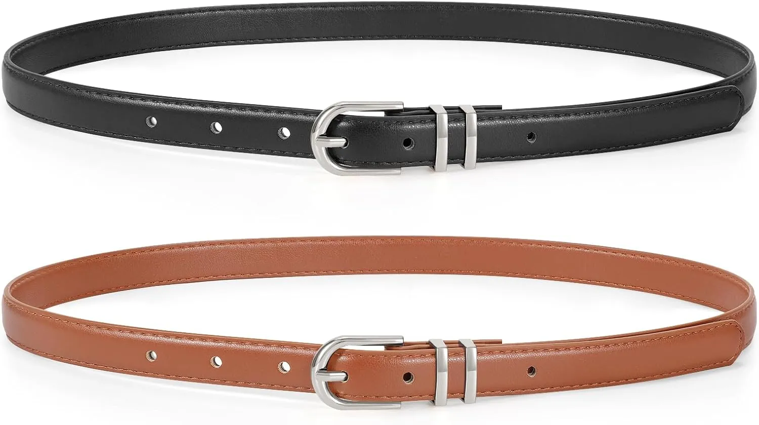 JASGOOD 2 Pack Womens Skinny Leather Belt Ladies Thin Faux Leather Belt with Gold/Silver Buckle for Jeans Dress Pants