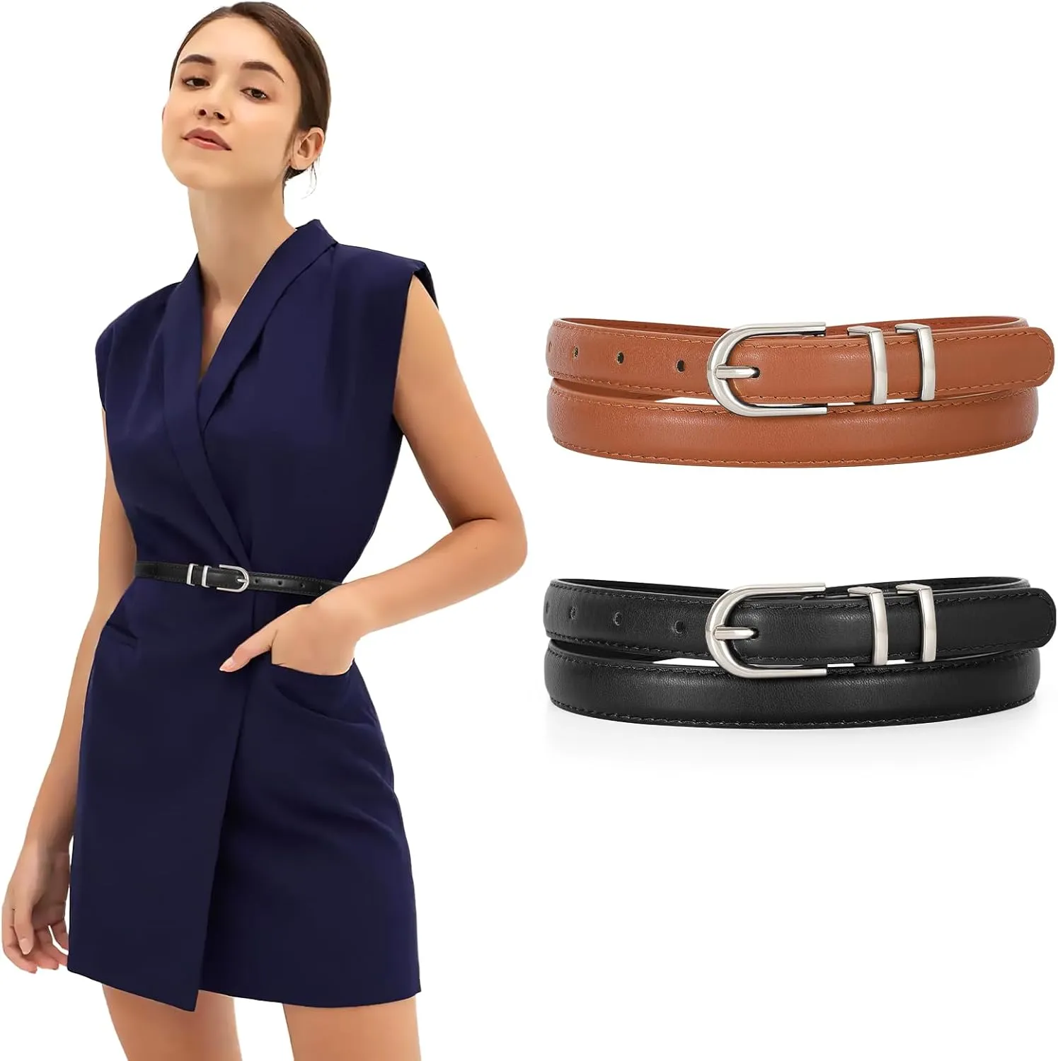 JASGOOD 2 Pack Womens Skinny Leather Belt Ladies Thin Faux Leather Belt with Gold/Silver Buckle for Jeans Dress Pants