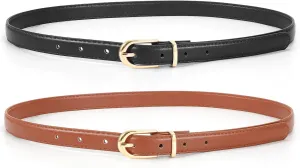JASGOOD 2 Pack Womens Skinny Leather Belt Ladies Thin Faux Leather Belt with Gold/Silver Buckle for Jeans Dress Pants
