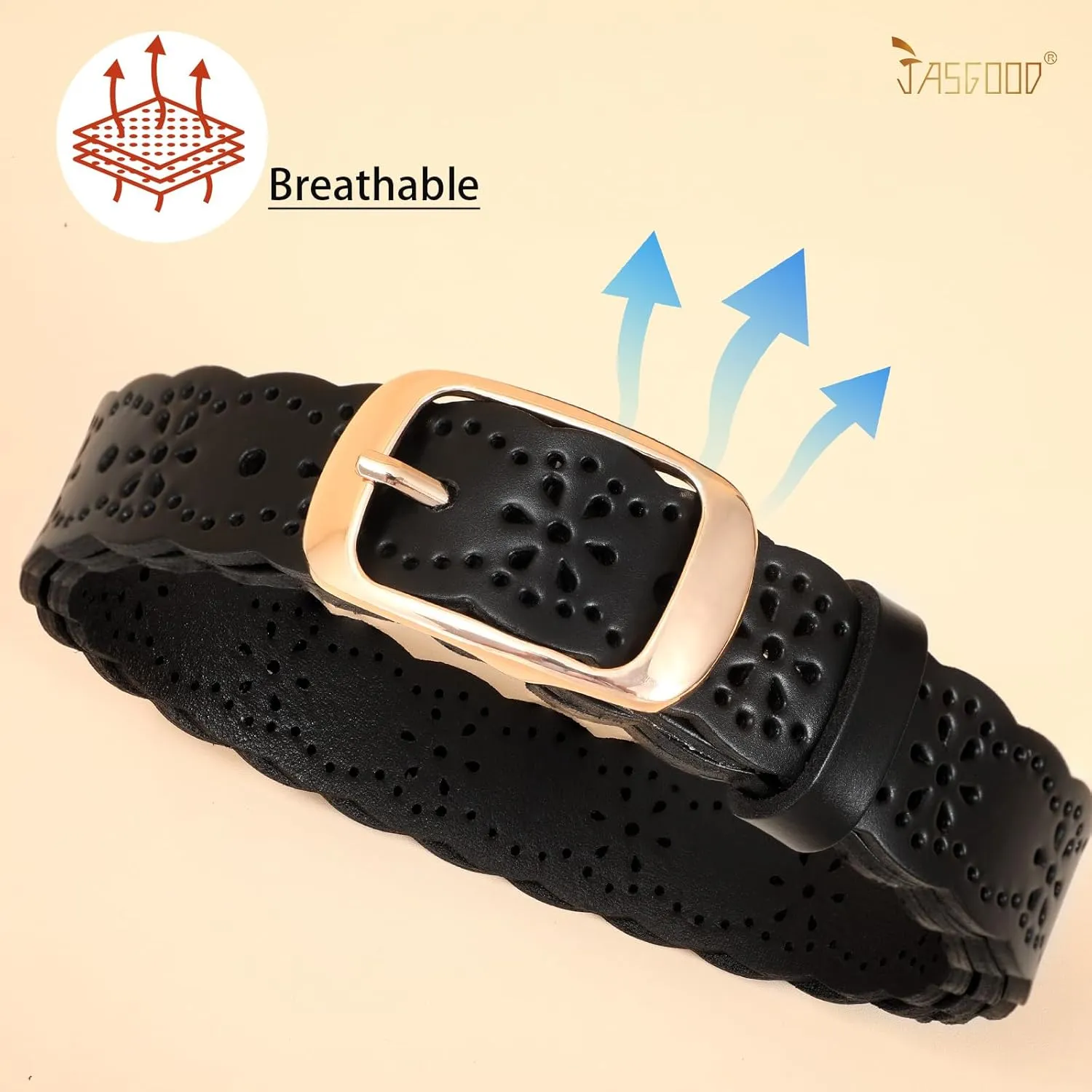 JASGOOD Leather Belt for Women Hollow Flower Leather Belt for Jeans Pants Fashion Waist Belt with Gold Buckle