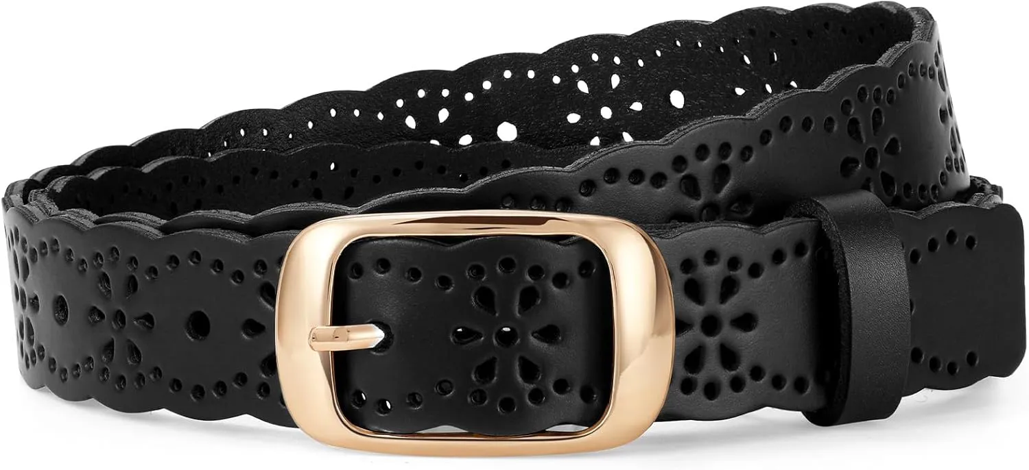 JASGOOD Leather Belt for Women Hollow Flower Leather Belt for Jeans Pants Fashion Waist Belt with Gold Buckle