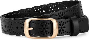 JASGOOD Leather Belt for Women Hollow Flower Leather Belt for Jeans Pants Fashion Waist Belt with Gold Buckle