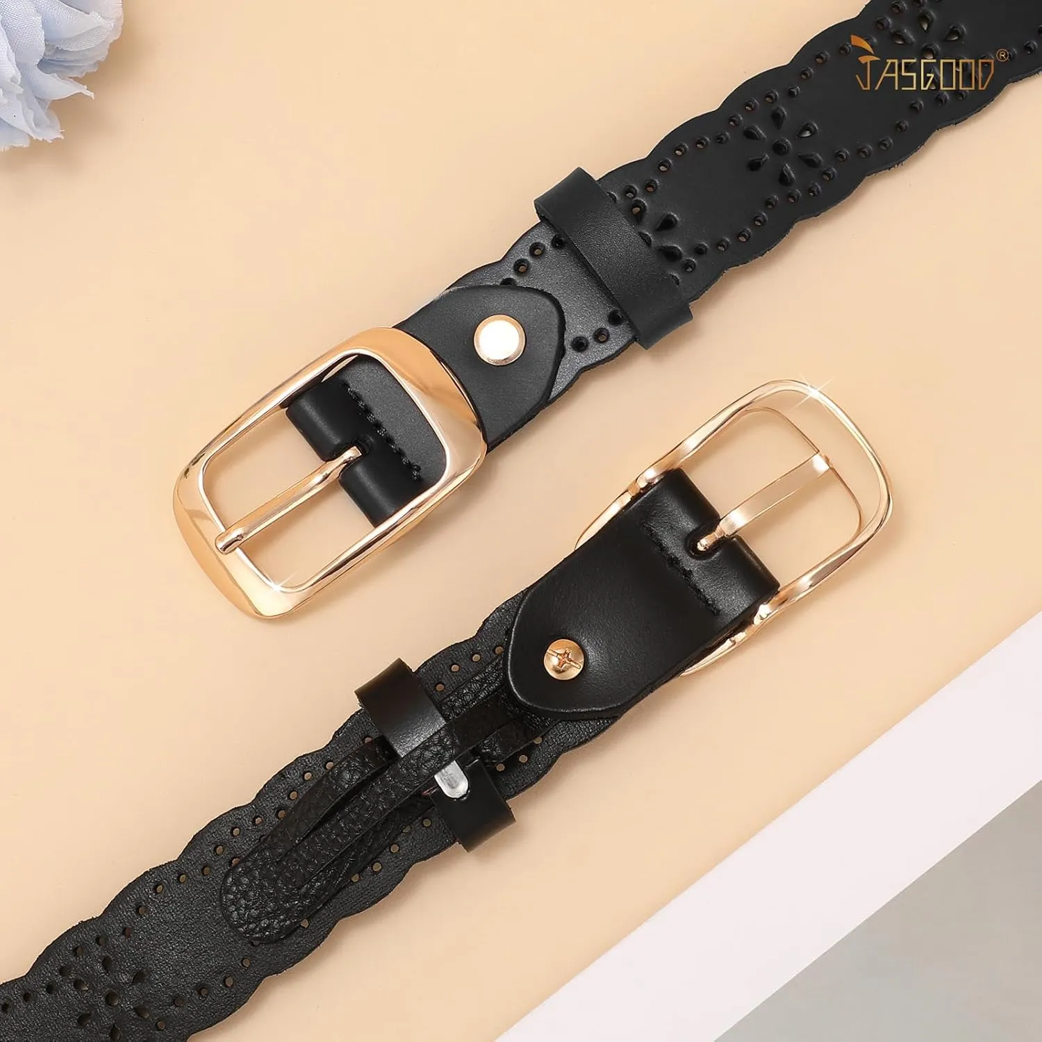 JASGOOD Leather Belt for Women Hollow Flower Leather Belt for Jeans Pants Fashion Waist Belt with Gold Buckle