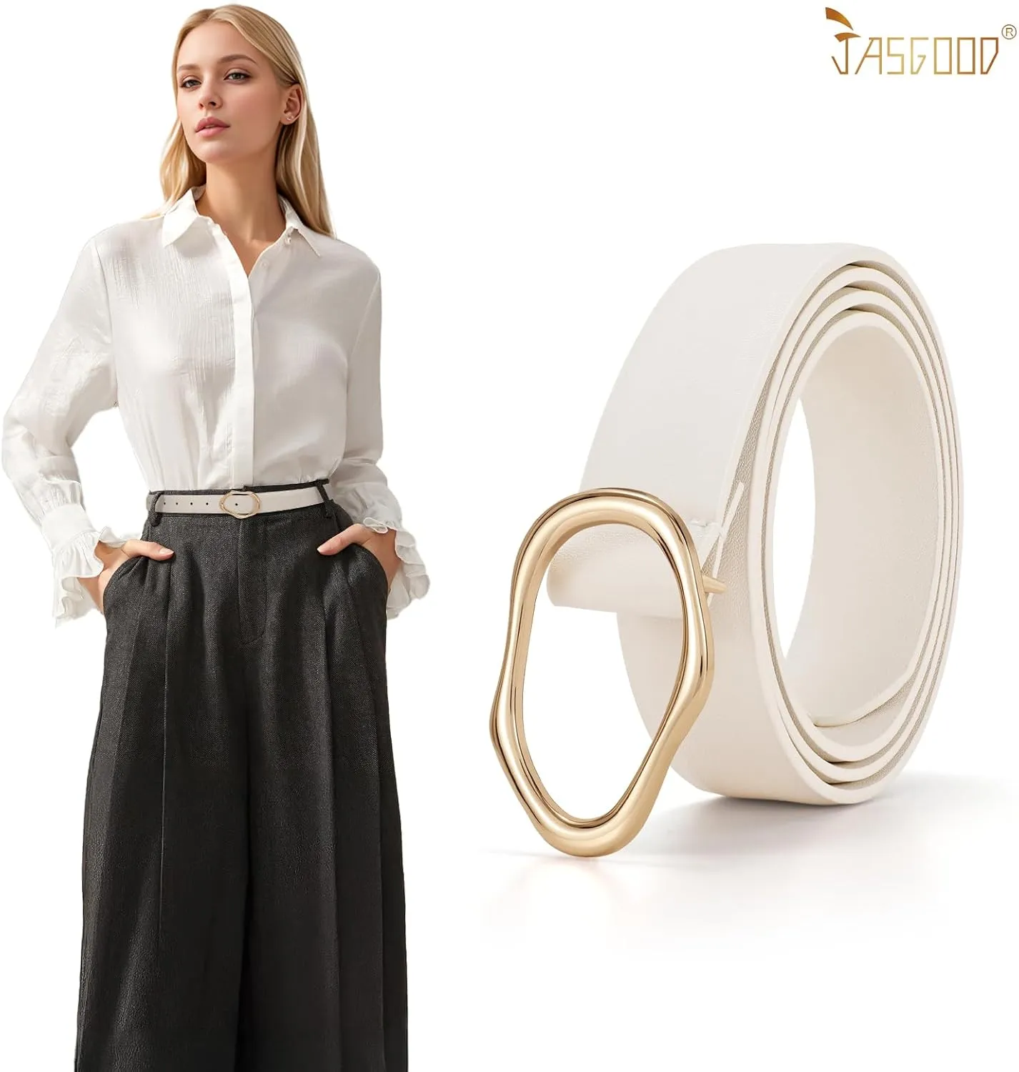 JASGOOD Women Leather Belt for Jeans Fashion Casual Waist Belt with Irregular Shapes Gold Buckle for Dresses Pants