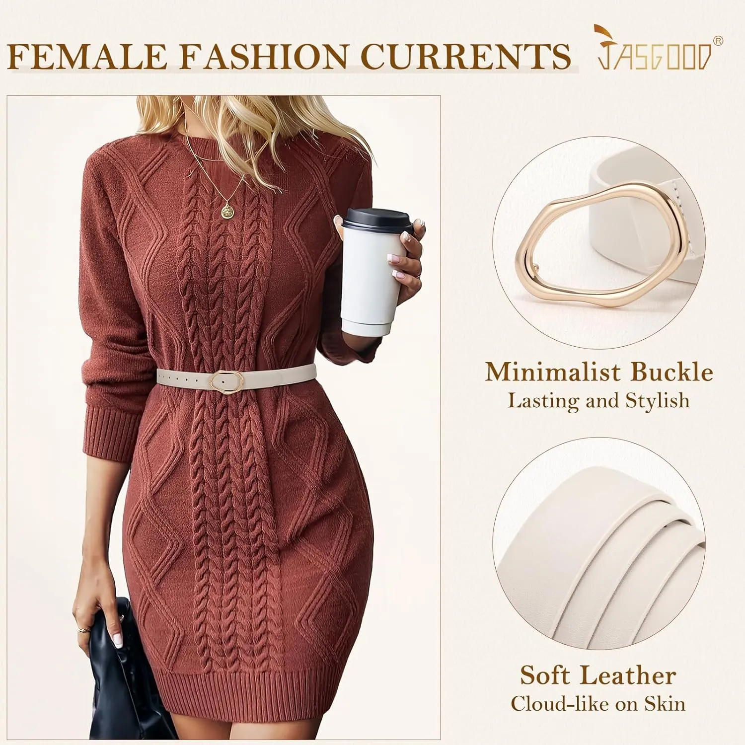 JASGOOD Women Leather Belt for Jeans Fashion Casual Waist Belt with Irregular Shapes Gold Buckle for Dresses Pants