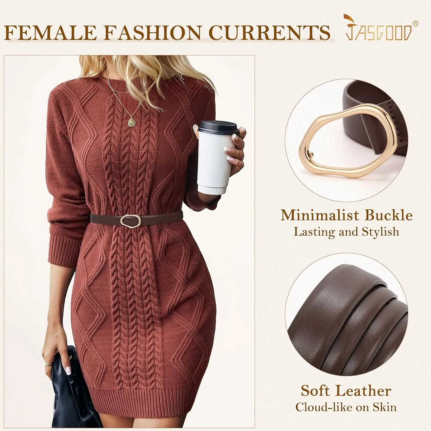 JASGOOD Women Leather Belt for Jeans Fashion Casual Waist Belt with Irregular Shapes Gold Buckle for Dresses Pants