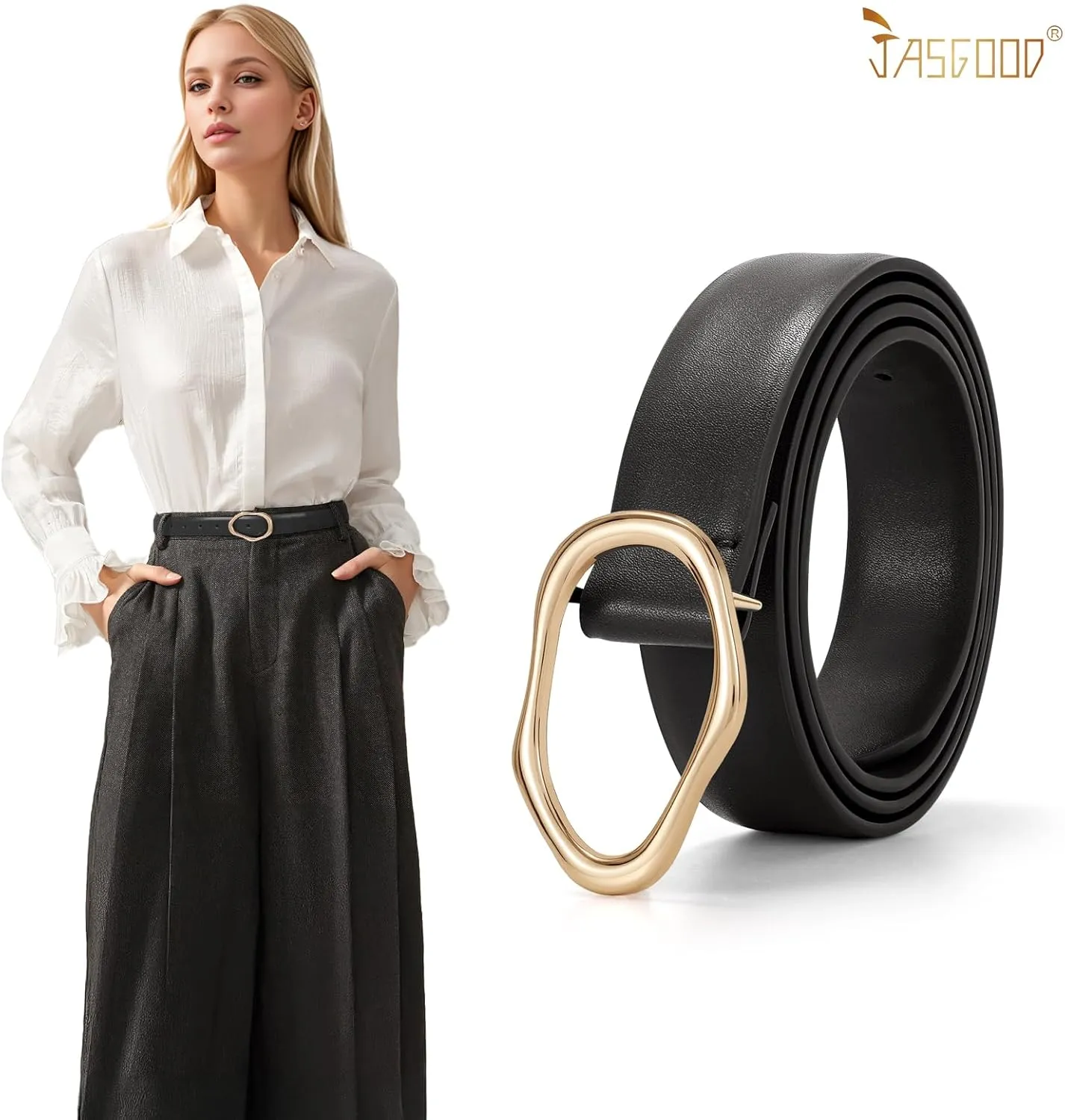 JASGOOD Women Leather Belt for Jeans Fashion Casual Waist Belt with Irregular Shapes Gold Buckle for Dresses Pants