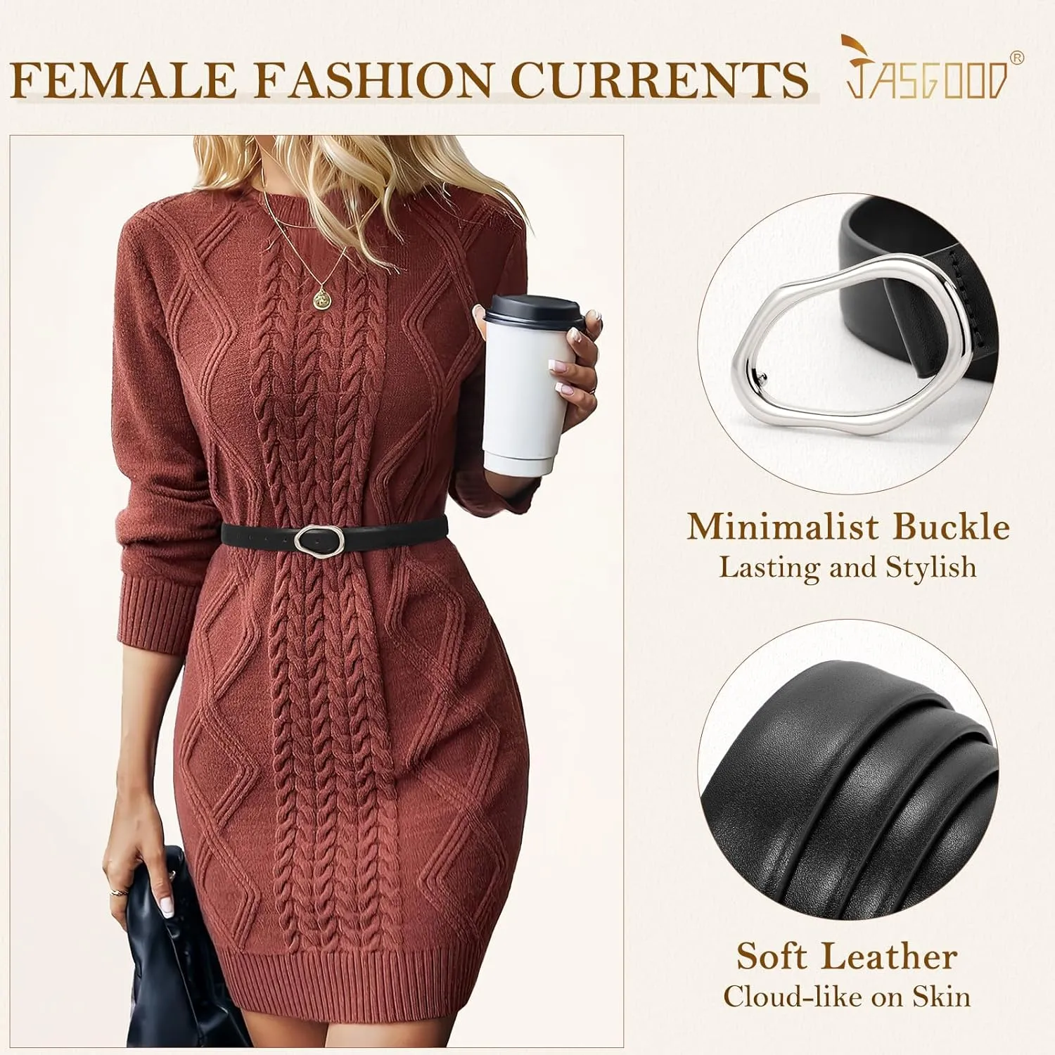 JASGOOD Women Leather Belt for Jeans Fashion Casual Waist Belt with Irregular Shapes Gold Buckle for Dresses Pants