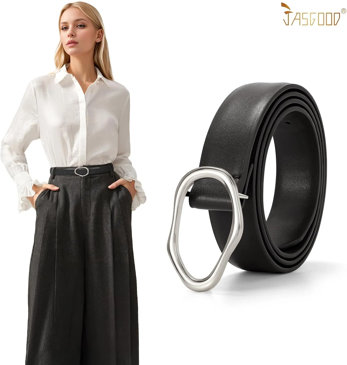 JASGOOD Women Leather Belt for Jeans Fashion Casual Waist Belt with Irregular Shapes Gold Buckle for Dresses Pants