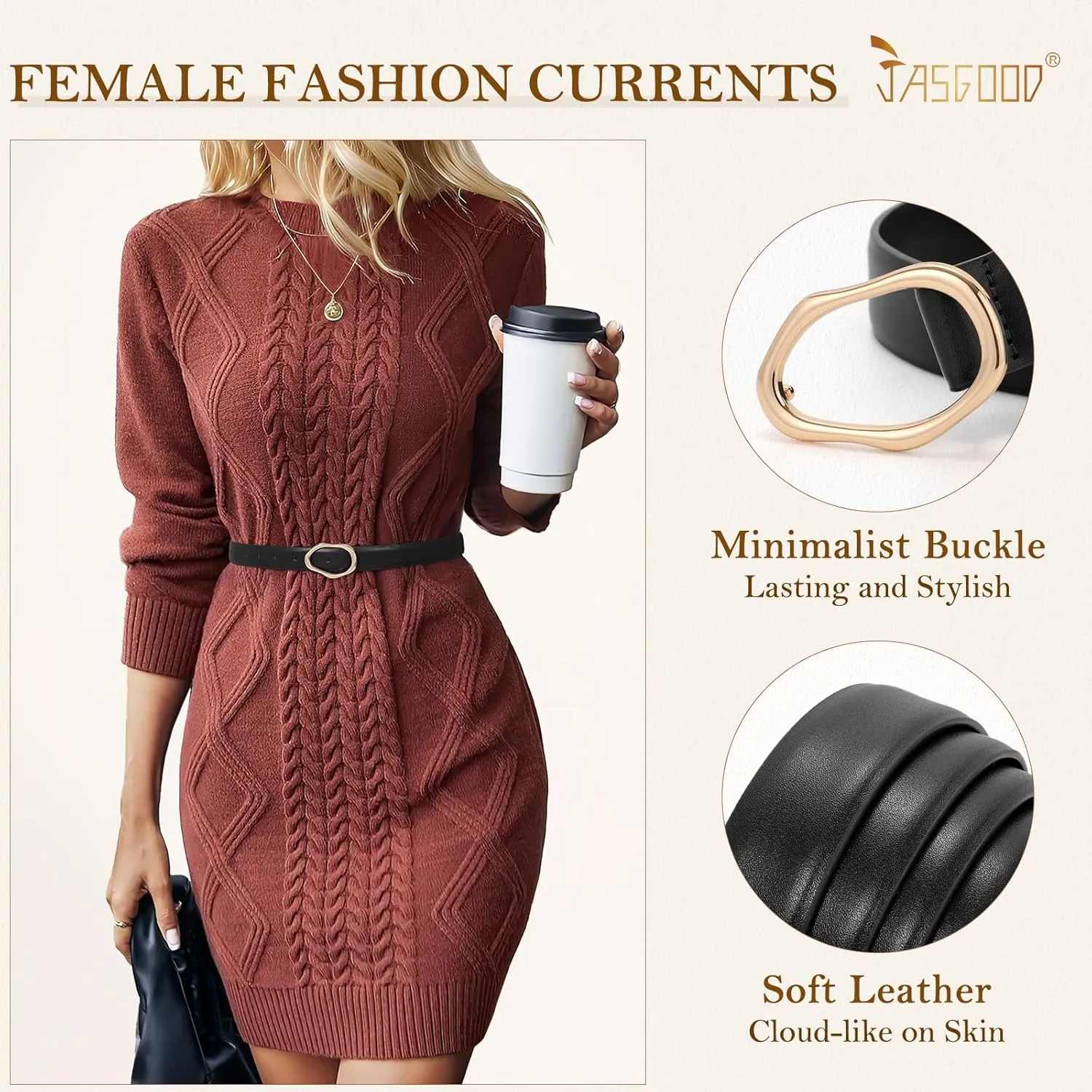 JASGOOD Women Leather Belt for Jeans Fashion Casual Waist Belt with Irregular Shapes Gold Buckle for Dresses Pants