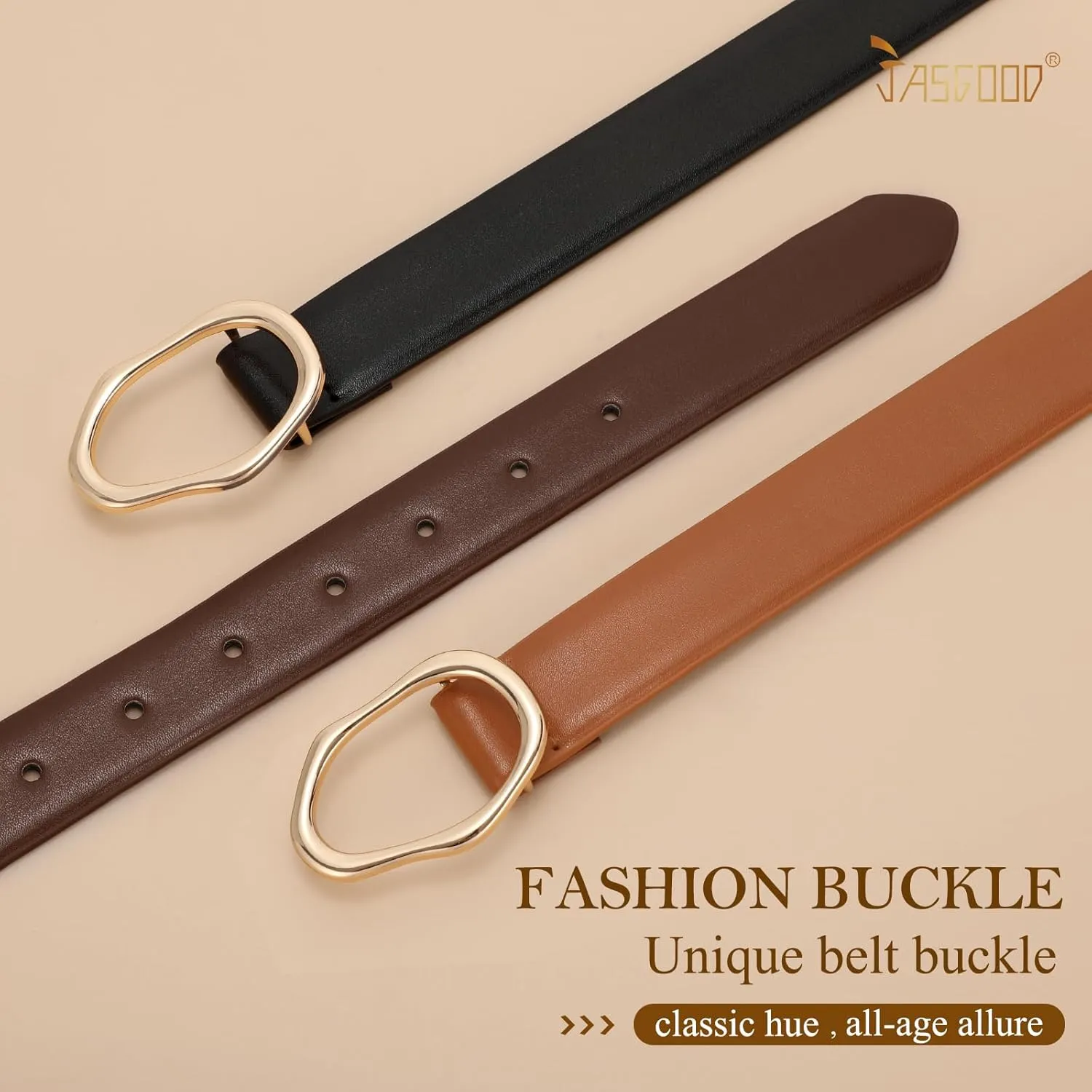 JASGOOD Women Leather Belt for Jeans Fashion Casual Waist Belt with Irregular Shapes Gold Buckle for Dresses Pants