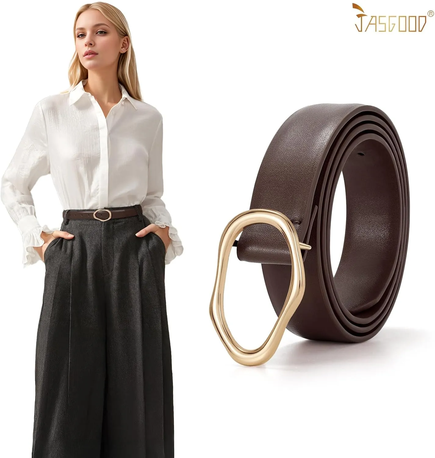 JASGOOD Women Leather Belt for Jeans Fashion Casual Waist Belt with Irregular Shapes Gold Buckle for Dresses Pants