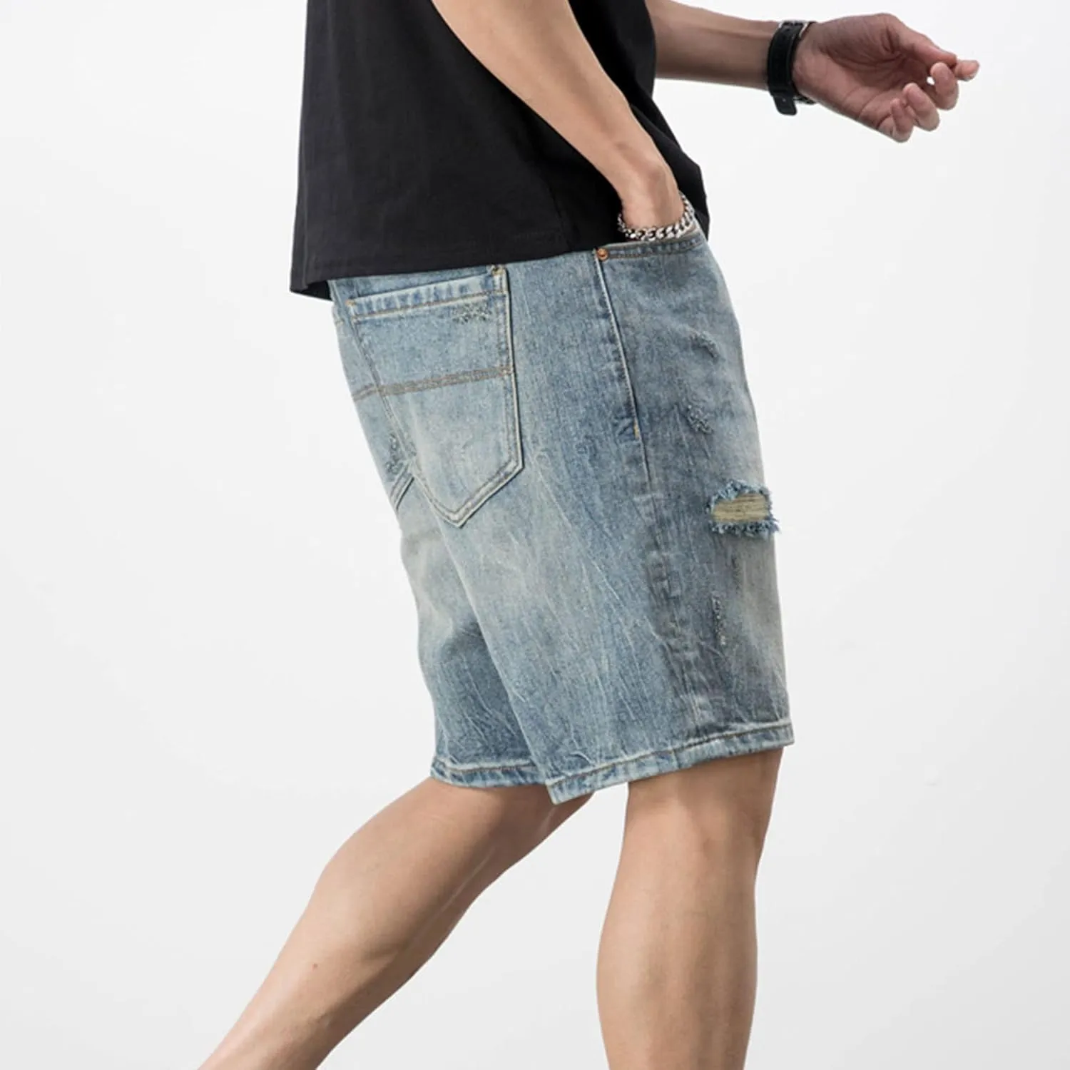 JEsilunmaMY Men's Trend Distressed Ripped Denim Shorts Relaxed Fit Straight Leg Jeans Shorts Summer Casual Wash Short Jeans