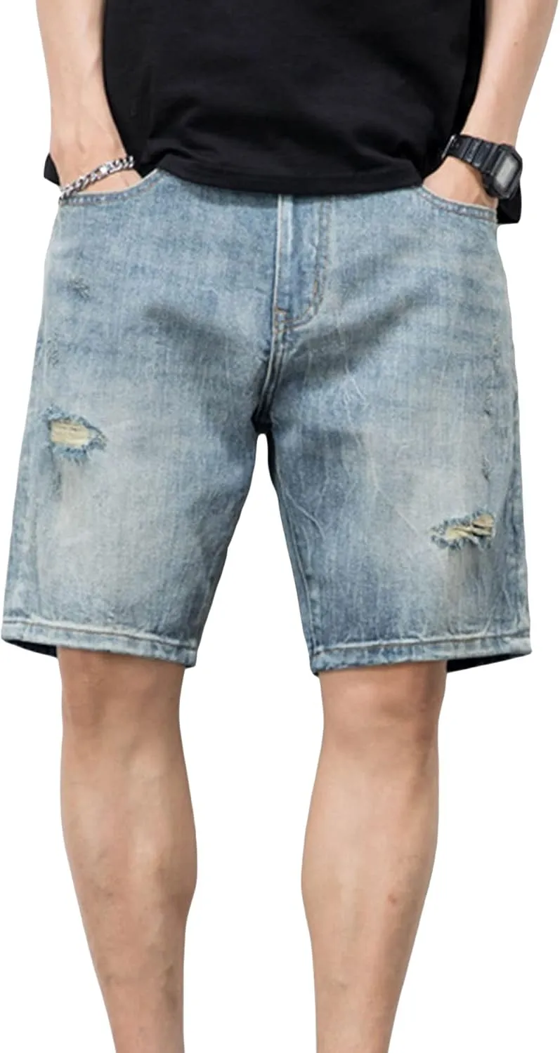 JEsilunmaMY Men's Trend Distressed Ripped Denim Shorts Relaxed Fit Straight Leg Jeans Shorts Summer Casual Wash Short Jeans