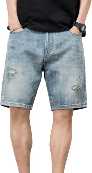 JEsilunmaMY Men's Trend Distressed Ripped Denim Shorts Relaxed Fit Straight Leg Jeans Shorts Summer Casual Wash Short Jeans
