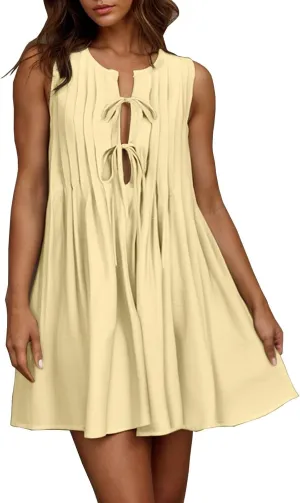 JOAU Womens Tie Front Mini Tank Dress Casual Bow Sleeveless Pleated Summer Loose Babydoll Dresses A-Line Beach Short Sundress
