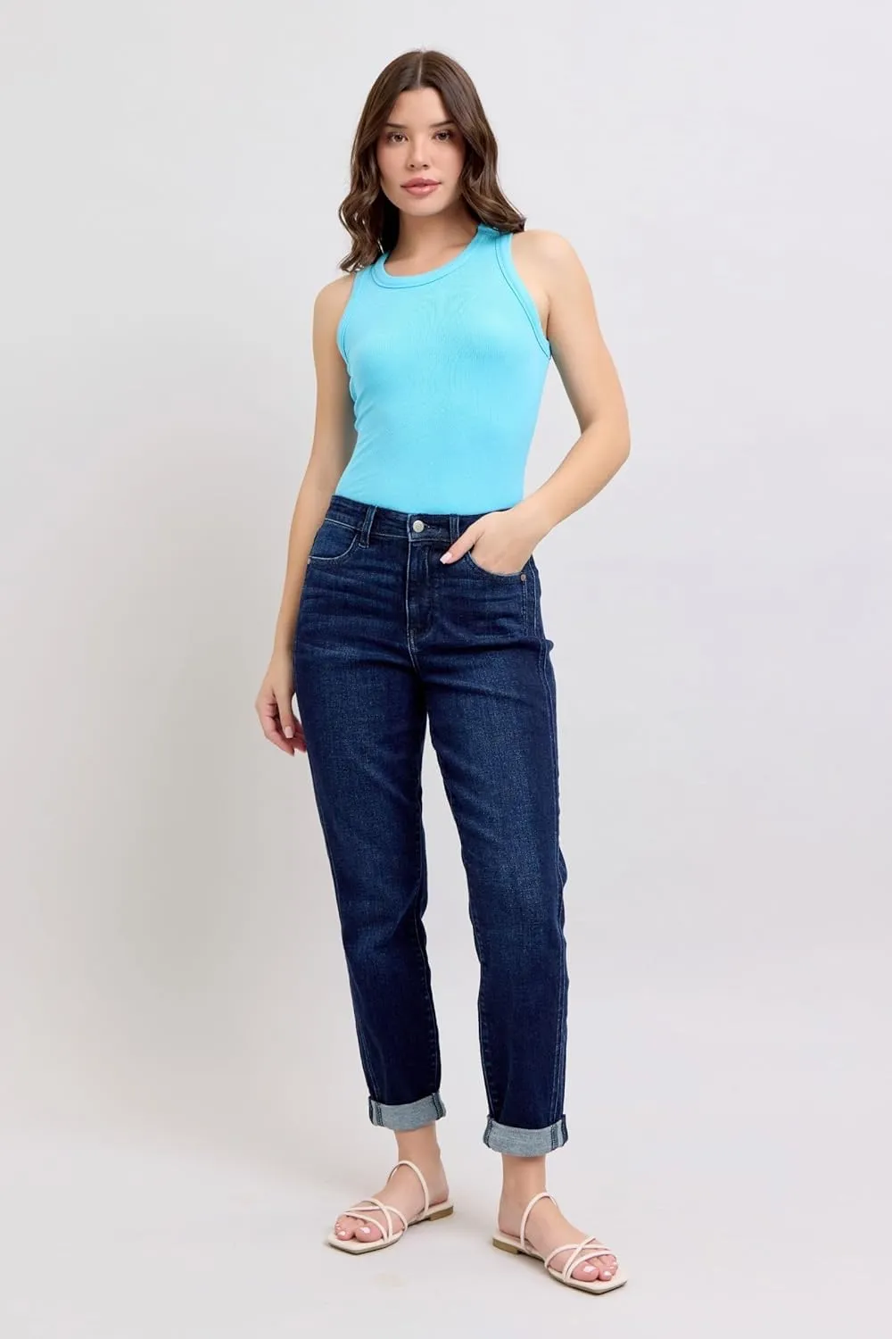 Judy Blue High Waist Boyfriend Jeans for Women | Stretchy Relaxed Fit Denim | Cuffed & Uncuffed Options – 82646
