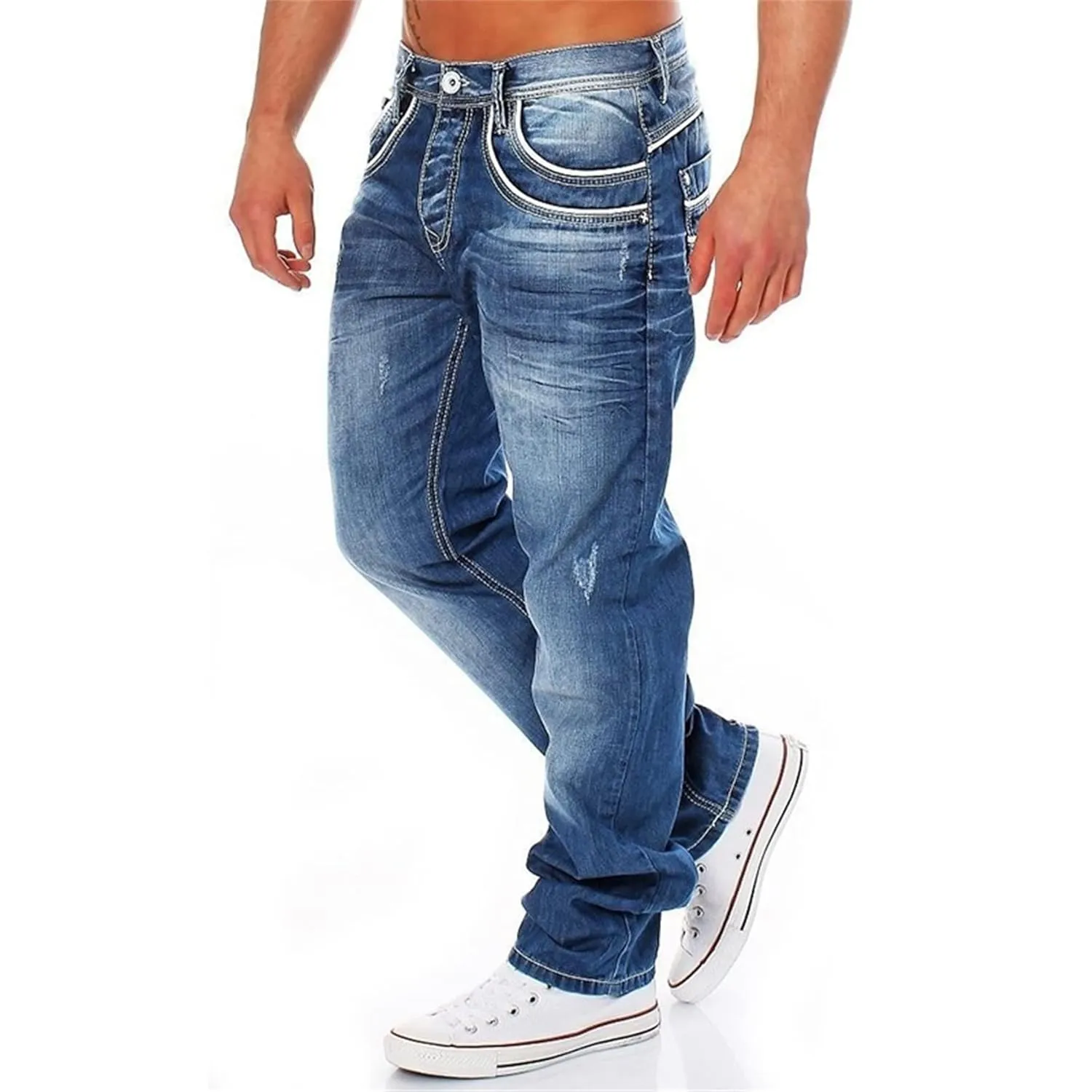 KELYWELL Men's Washed Relaxed Straight Leg Jeans Men Retro Loose Relaxed Jean Casual Washed Denim Pants Basic Jean (34,Blue)