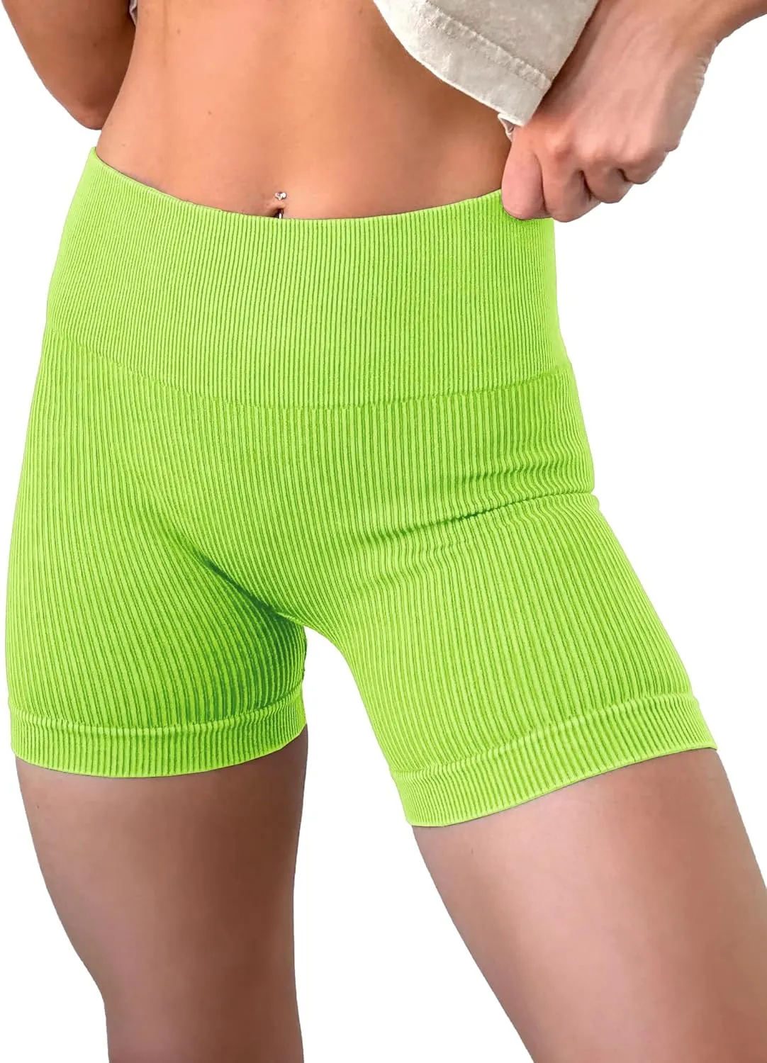 KINLONSAIR Women's High Waist Yoga Workout Impact Shorts Ribbed Seamless Workout Athletic Legging Shorts