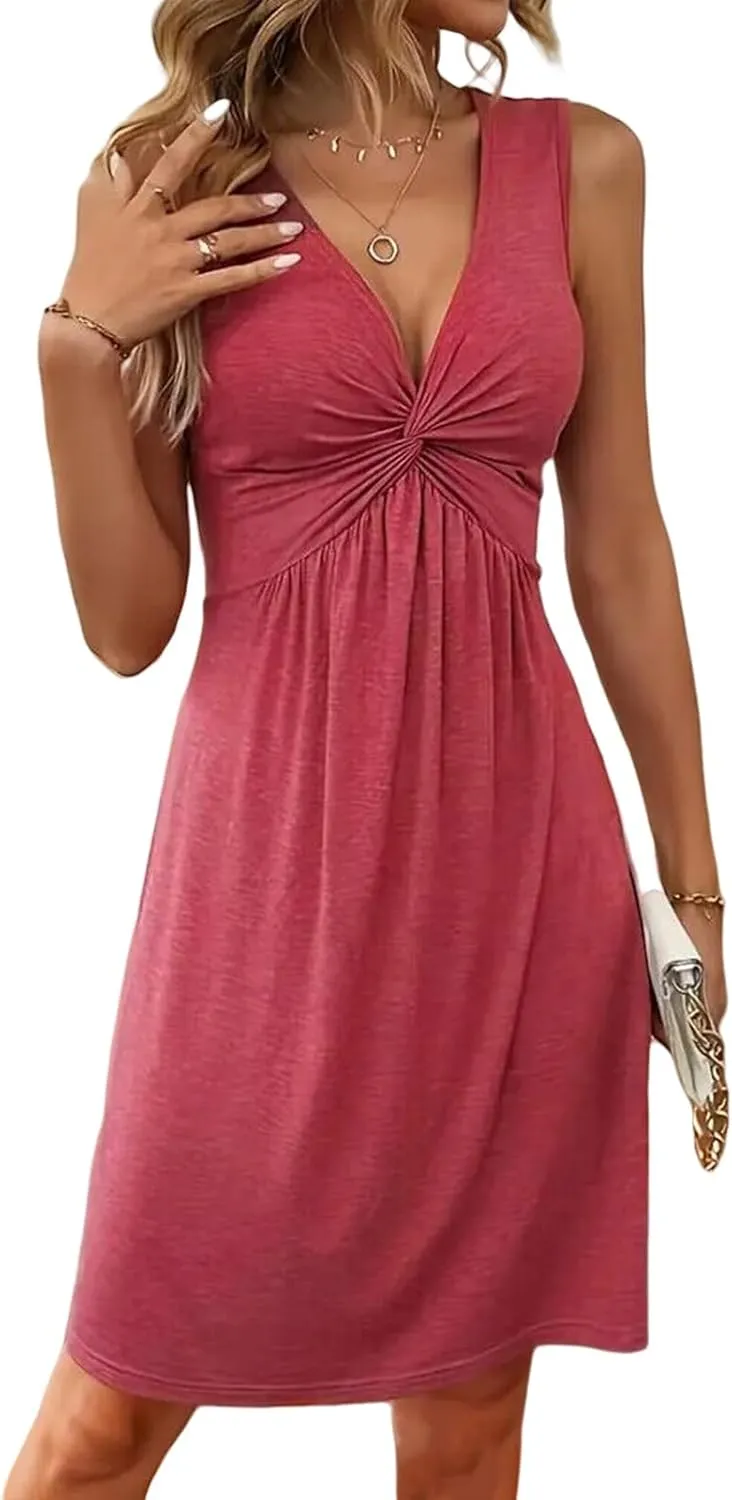 Knotted Front Dresses for Women Sexy V Neck Tank A Line Dress Elegant Sleeveless Club Party Tunic Bodycon Mini Sundress