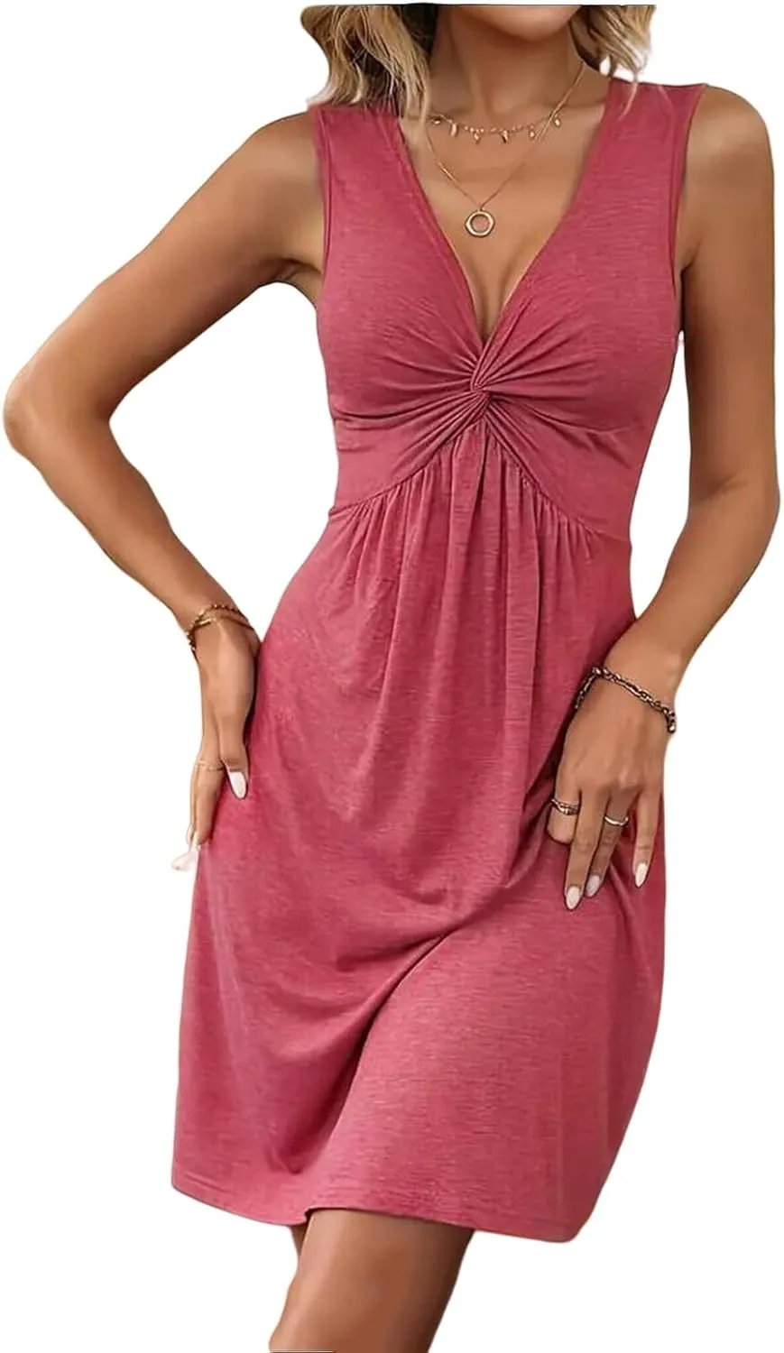 Knotted Front Dresses for Women Sexy V Neck Tank A Line Dress Elegant Sleeveless Club Party Tunic Bodycon Mini Sundress