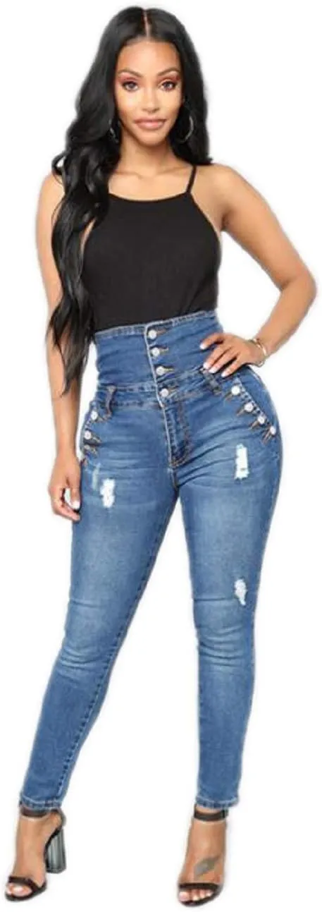 Ladies Ripped Jeans Plus Size Skinny High Waist Jeans Button Fly Curvy Long Big HIPS Stretch Jean Denim