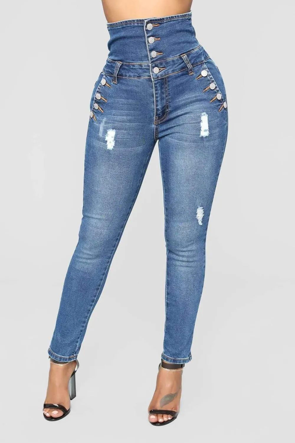 Ladies Ripped Jeans Plus Size Skinny High Waist Jeans Button Fly Curvy Long Big HIPS Stretch Jean Denim