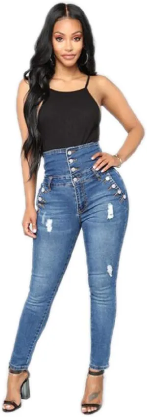 Ladies Ripped Jeans Plus Size Skinny High Waist Jeans Button Fly Curvy Long Big HIPS Stretch Jean Denim
