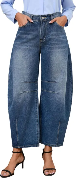 LaiyiVic Barrel Jeans for Women Wide Leg Mid Waist Cropped Denim Pants Baggy Boyfriend Jeans