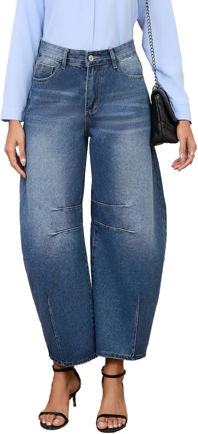 LaiyiVic Barrel Jeans for Women Wide Leg Mid Waist Cropped Denim Pants Baggy Boyfriend Jeans