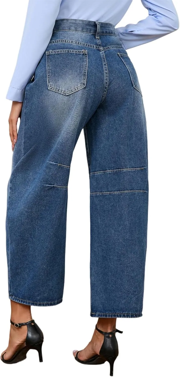 LaiyiVic Barrel Jeans for Women Wide Leg Mid Waist Cropped Denim Pants Baggy Boyfriend Jeans